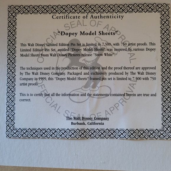 Disney Dopey Model Sheet w/ Pins Limited Edition Art - Picture 4 of 9